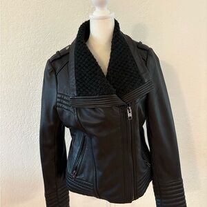 Michael Kors Black Leather Jacket with Textured Collar